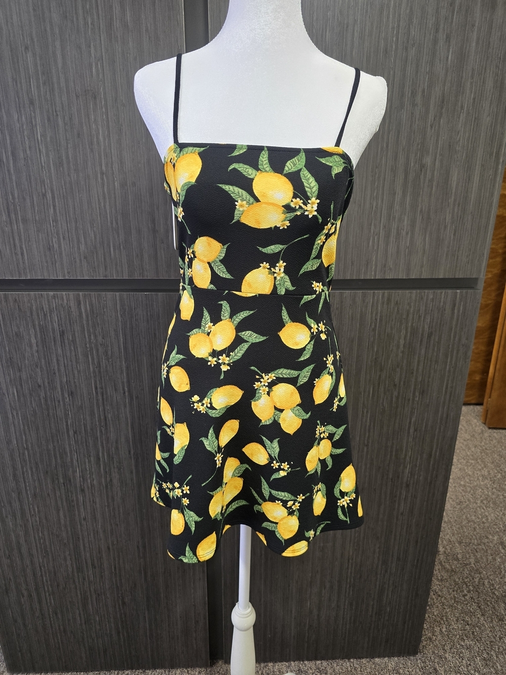 H&M Divided Lemon Print Mini Dress Size 4 Black Yellow Fruit Print Sundress